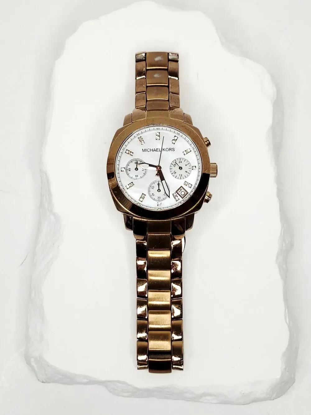 Michael Kors Rose Gold MOP Dial Crystal Chronograph Watch MK5336 New Battery